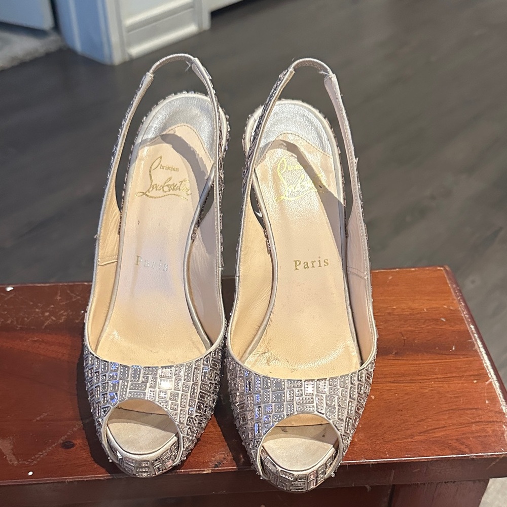 Christian Louboutin Silver Crystal Open-Toe Slingbacks